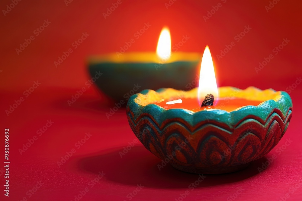 Happy Diwali - Clay Diya lamps lit during Diwali, Hindu festival of lights celebration. Colorful traditional oil lamp diya on red background with generative ai Happy Diwali - Clay Diya lamps lit during Diwali, Hindu festival of lights celebration. Colorful traditional oil lamp diya on red background with generative ai