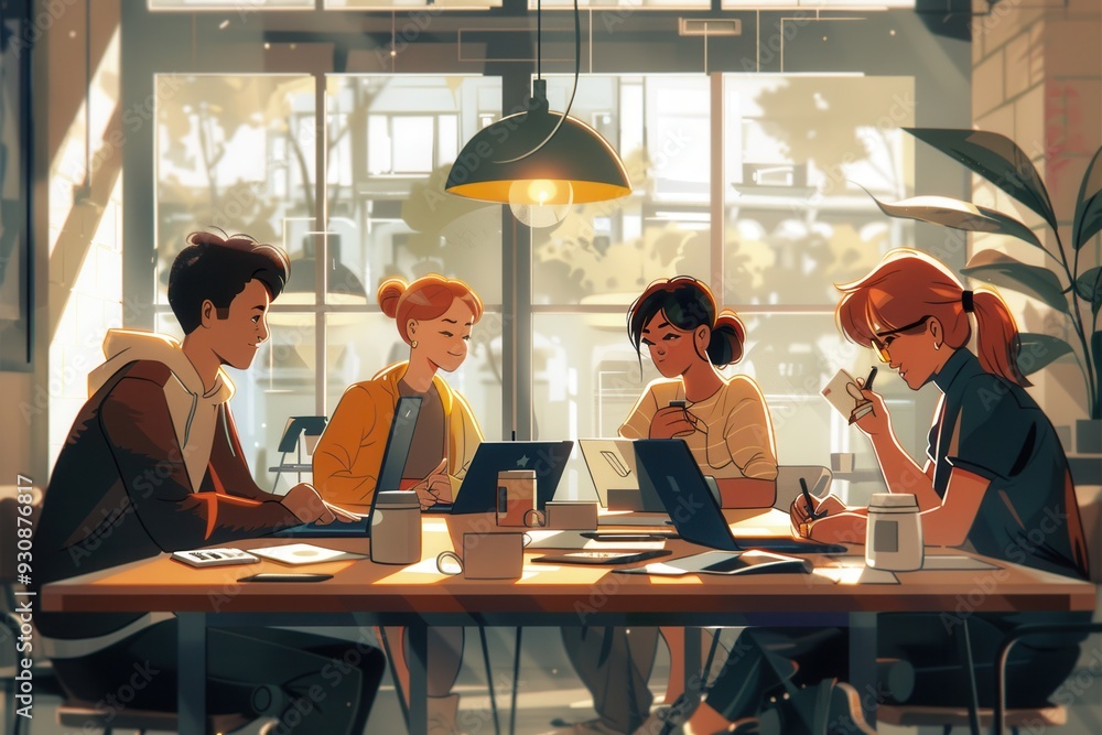 Young entrepreneurs brainstorm and work together at a lively cafe, surrounded by laptops, notebooks, and steaming coffee cups in a cozy atmosphere. Generative AI Young entrepreneurs brainstorm and work together at a lively cafe, surrounded by laptops, notebooks, and steaming coffee cups in a cozy atmosphere. Generative AI