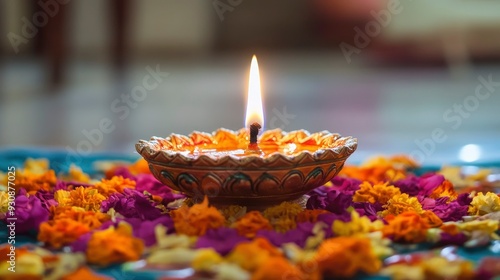 Oil lamps lit on colorful rangoli during diwali celebration, copy-space with generative ai