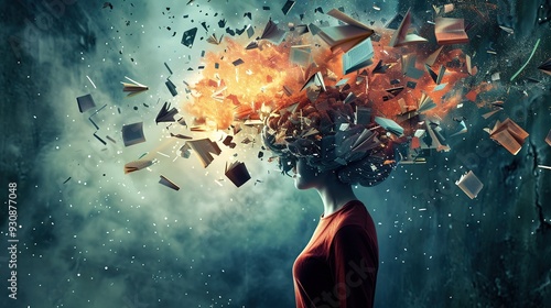 A surreal depiction of a person with a head made of exploding books, symbolizing knowledge and creativity.