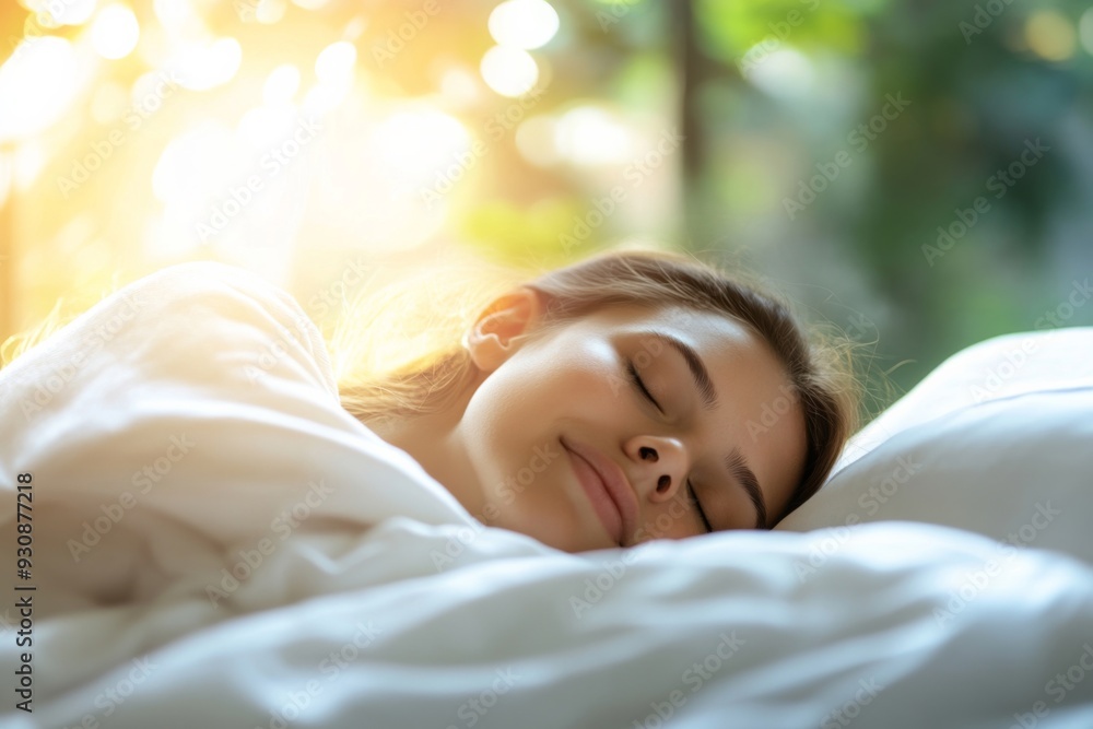 Young woman basking in warm morning sunlight on a cozy bed - relaxation - well-being - home decor Young woman basking in warm morning sunlight on a cozy bed - relaxation - well-being - home decor