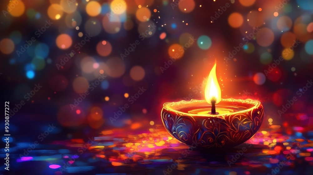 Oil lamps lit on colorful rangoli during diwali celebration, copy-space with generative ai Oil lamps lit on colorful rangoli during diwali celebration, copy-space with generative ai