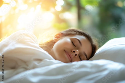 Young woman basking in warm morning sunlight on a cozy bed - relaxation - well-being - home decor