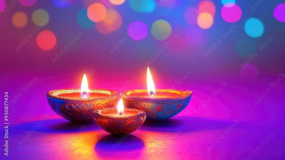 Oil lamps lit on colorful rangoli during diwali celebration, copy-space with generative ai Oil lamps lit on colorful rangoli during diwali celebration, copy-space with generative ai