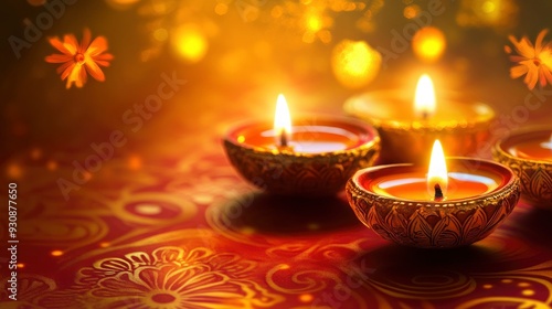 Oil lamps lit on colorful rangoli during diwali celebration, copy-space with generative ai