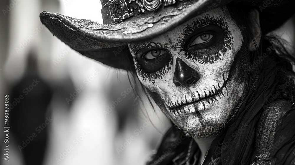 Naklejka premium man in a skull costume wearing a hat