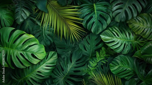 Group background of dark green tropical leaves ( monstera, palm, coconut leaf, fern, palm leaf,bananaleaf) Panorama background. concept of nature , ai