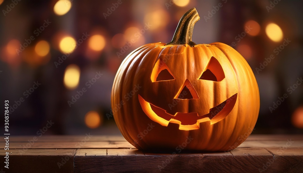 Fototapeta premium Carved Halloween Pumpkin with Warm Lighting
