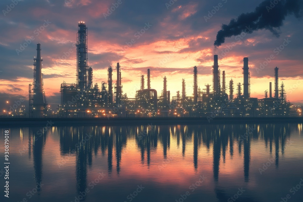 Refinery plant at twilight with reflection in water, 3d render. Oil refinery plant for crude oil industry in evening twilight, with generative ai Refinery plant at twilight with reflection in water, 3d render. Oil refinery plant for crude oil industry in evening twilight, with generative ai