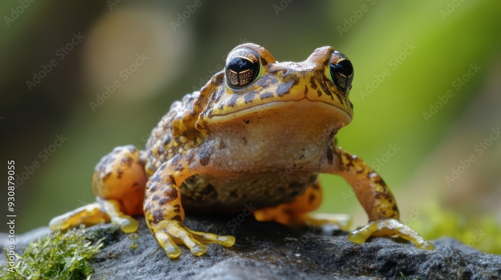 Frog resting on a rock among greenery in a tropical environment Frog resting on a rock among greenery in a tropical environment