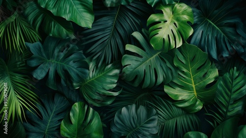 Wallpaper Mural Group background of dark green tropical leaves ( monstera, palm, coconut leaf, fern, palm leaf,bananaleaf) Panorama background. concept of nature , ai Torontodigital.ca