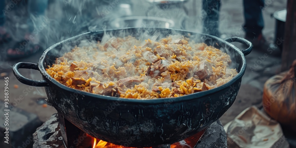 Uzbek pilaf cooked in a cauldron at a street food festival Uzbek pilaf cooked in a cauldron at a street food festival
