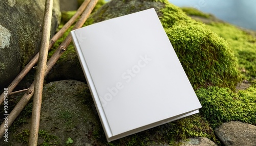 clean minimal book 4x6 mockup on stone with moss and stick background photo