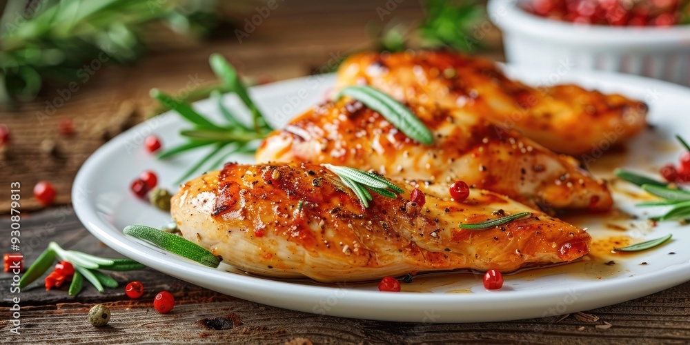 Grilled chicken fillets presented on a white plate Grilled chicken fillets presented on a white plate