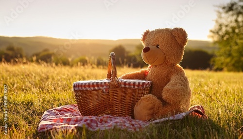 a teddy bear with a picnic basket in a sunny field capturing a moment of pure bliss photo