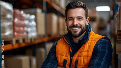 A happy warehouse worker in...