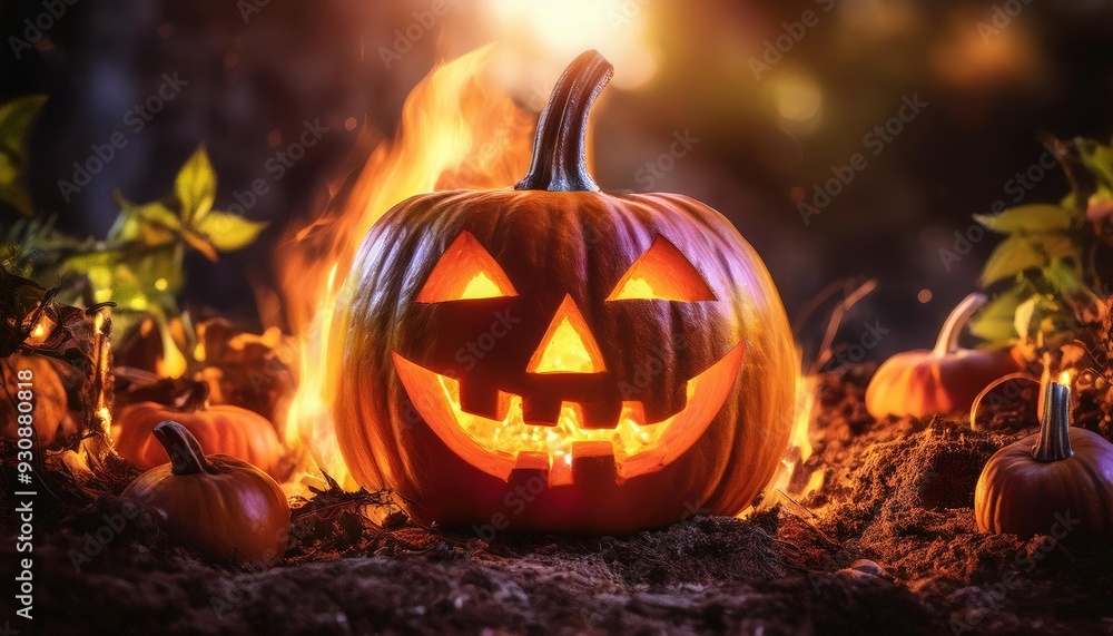 Naklejka premium Spooky Halloween Pumpkin with Glowing Face