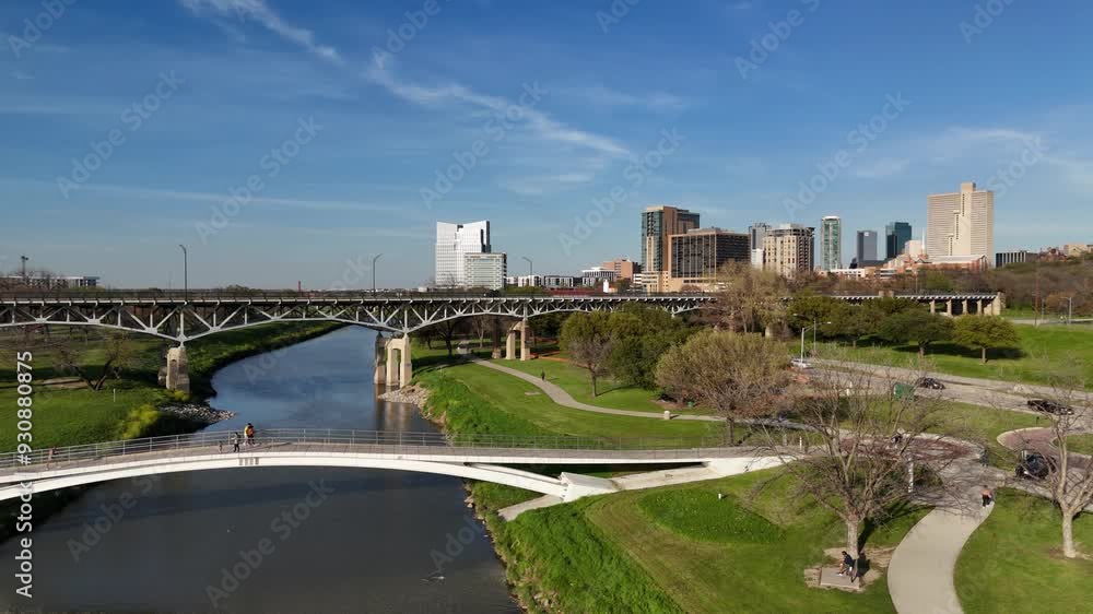Drone shot of the Trinity River Park in Fort Worth, Texas, featuring lush green spaces. Drone shot of the Trinity River Park in Fort Worth, Texas, featuring lush green spaces.