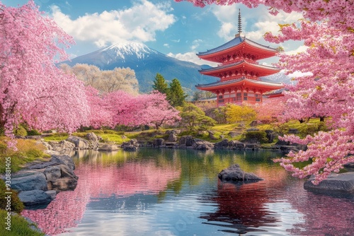 Sakura blossom in the garden with japanese style building background. Cherry blossoms in spring, Japan. Cherry blossoms in full bloom in the spring with generative ai