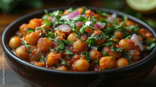 Close-up of a bowl of chickpea curry with cilantro and red onion