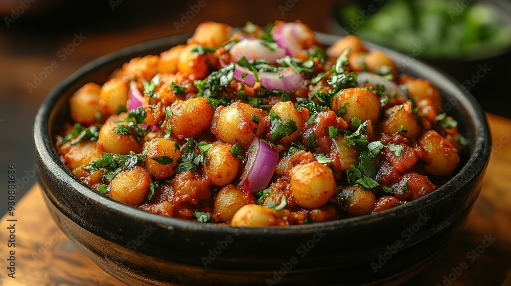 Close-Up of a Bowl of Spiced Chickpeas with Onions and Cilantro Close-Up of a Bowl of Spiced Chickpeas with Onions and Cilantro