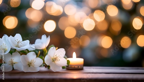 White Flowers and a Candle with a Bokeh Background