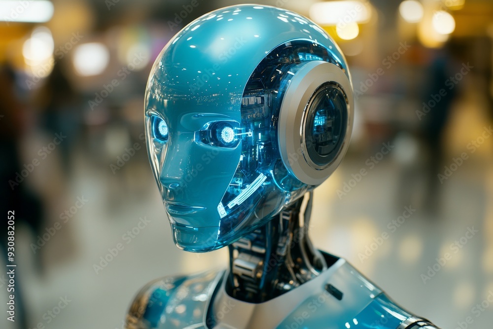 Humanoid robot with a reflective blue face standing amongst others in a production line symbolizing the future of automation Humanoid robot with a reflective blue face standing amongst others in a production line symbolizing the future of automation
