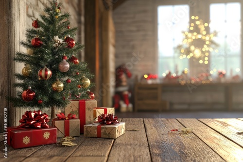 3D render Christmas background with gift boxes and christmas tree. Christmas tree with gift boxes on wooden table with generative ai