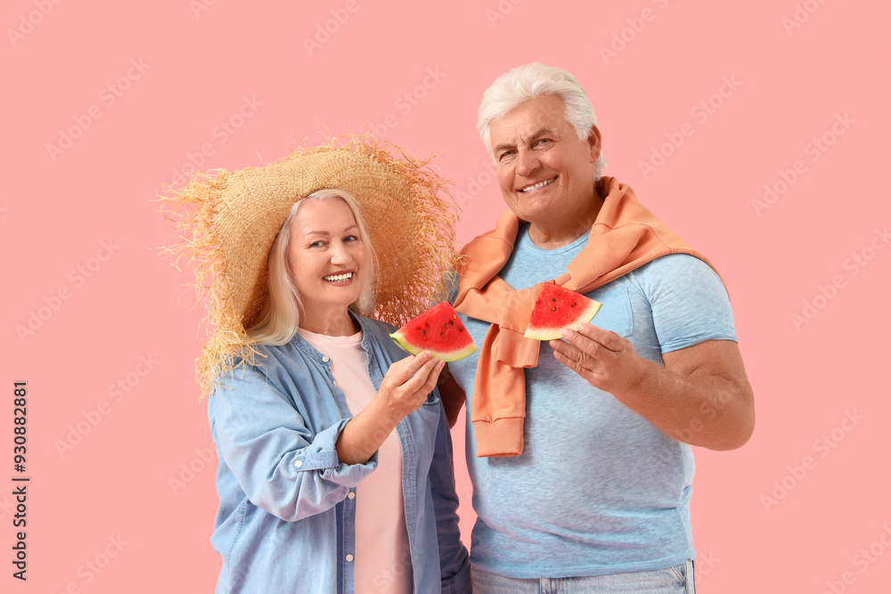 Mature couple with slices of watermelon on pink background Mature couple with slices of watermelon on pink background