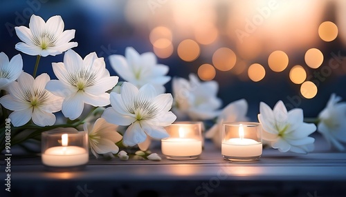 White Flowers and Candles in a Warm Glow