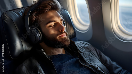 Man in a plane seat wearing...