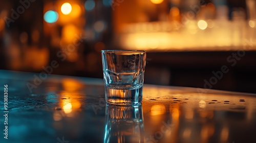 An empty shot glass sits on a bar counter in a dimly lit bar, the counter reflecting the warm glow of the bar lights.