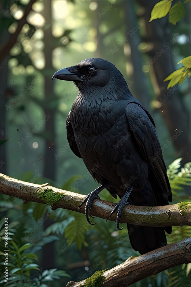 Black birds perch on branches amidst green foliage in a wild forest setting Black birds perch on branches amidst green foliage in a wild forest setting