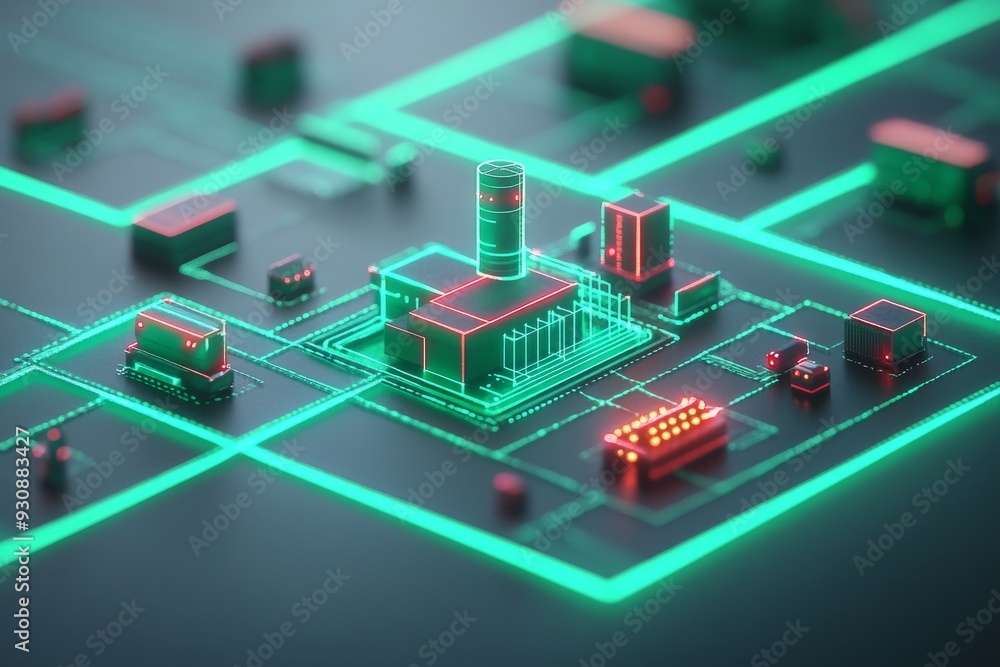 Advanced microchip on a green motherboard illuminated by neon lights emphasizing cutting edge electronic design Advanced microchip on a green motherboard illuminated by neon lights emphasizing cutting edge electronic design