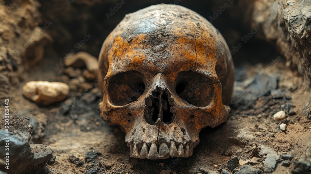 close up ancient skull unearthed in the ground close up ancient skull unearthed in the ground