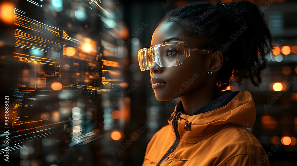 Young woman in protective glasses looking at a screen with code. Young woman in protective glasses looking at a screen with code.
