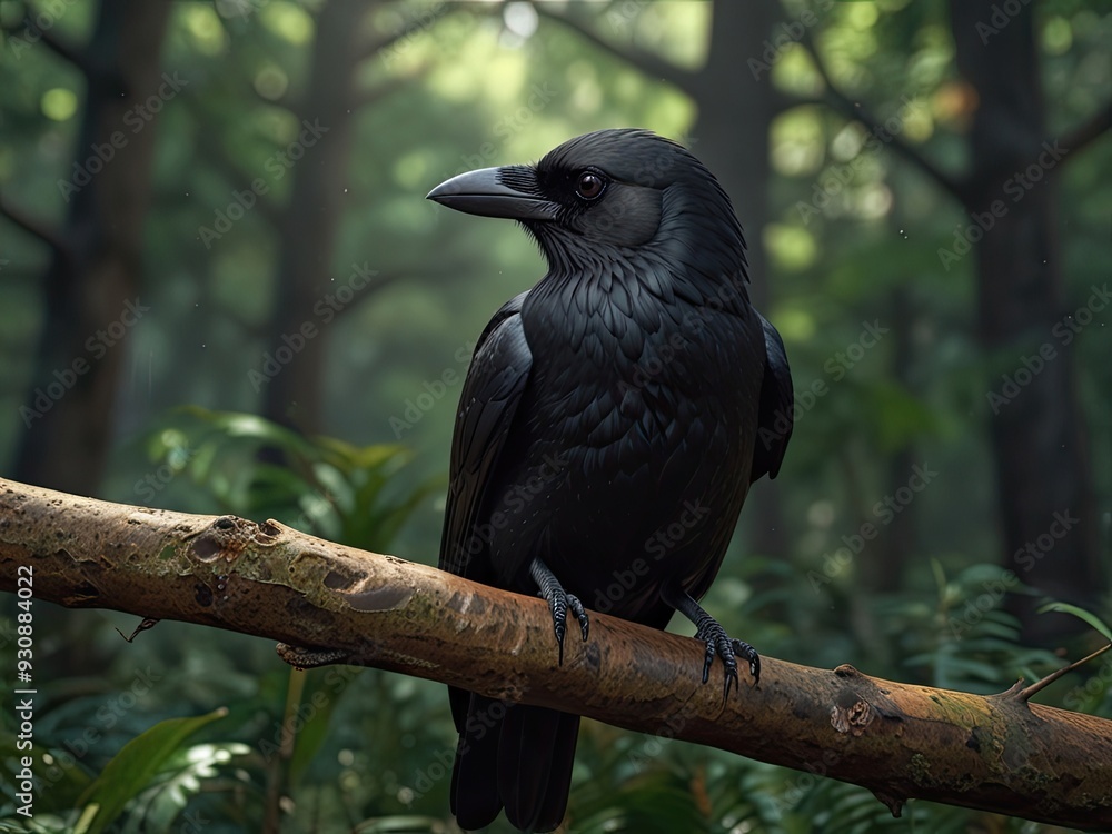 Fototapeta premium Black birds perch on branches amidst green foliage in a wild forest setting