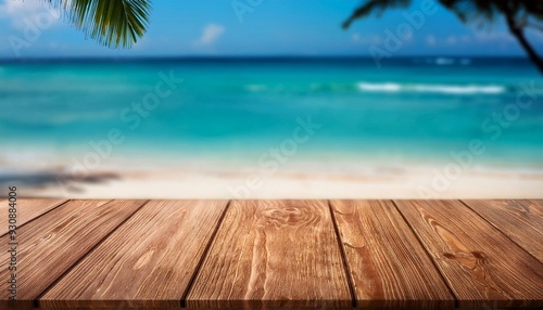 textured wooden table surface against the background of the sea in the tropics