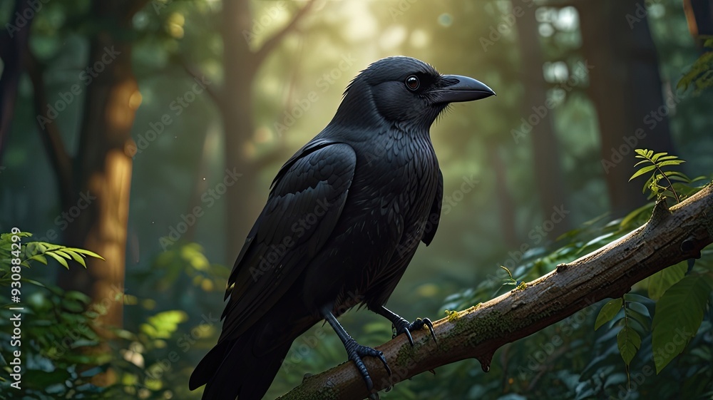 Black birds perch on branches amidst green foliage in a wild forest setting Black birds perch on branches amidst green foliage in a wild forest setting