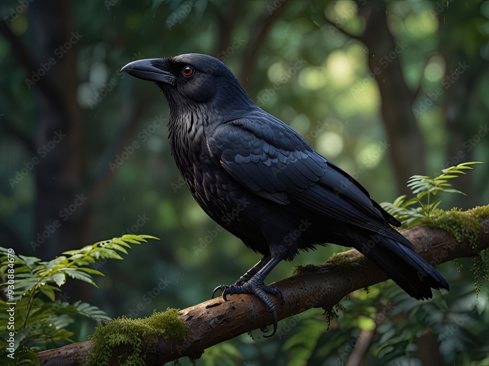 Black birds perch on branches amidst green foliage in a wild forest setting Black birds perch on branches amidst green foliage in a wild forest setting