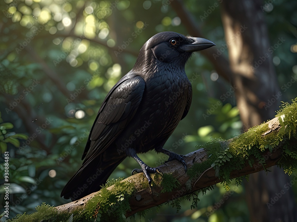 Fototapeta premium Black birds perch on branches amidst green foliage in a wild forest setting