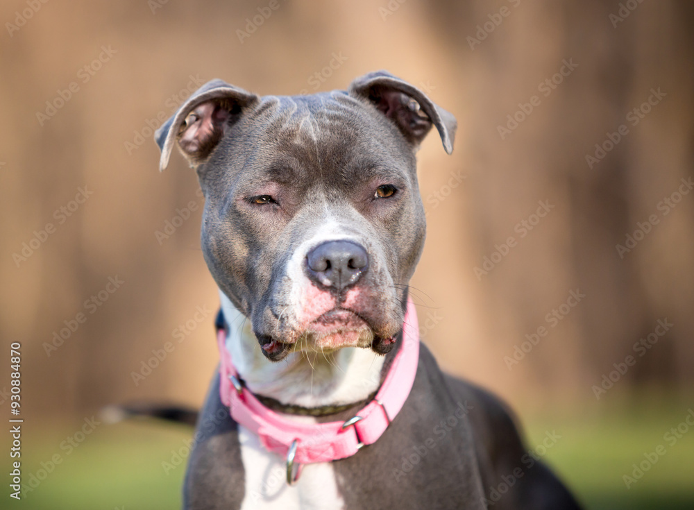 A gray and white Pit Bull Terrier mixed breed dog with a grumpy expression on its face A gray and white Pit Bull Terrier mixed breed dog with a grumpy expression on its face
