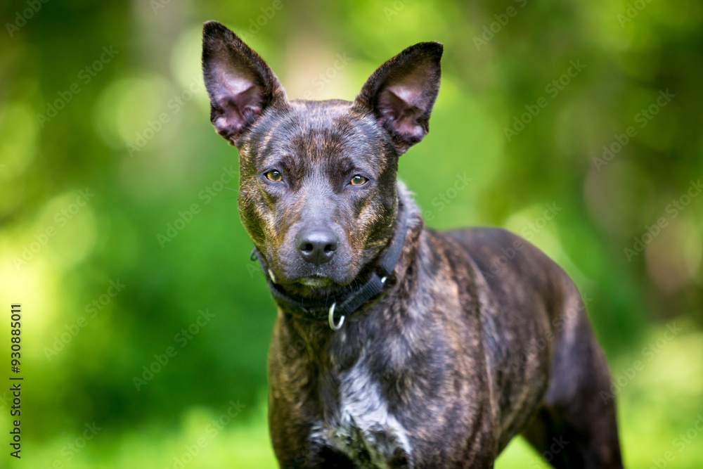 A brindle Terrier mixed breed dog with large upright ears A brindle Terrier mixed breed dog with large upright ears