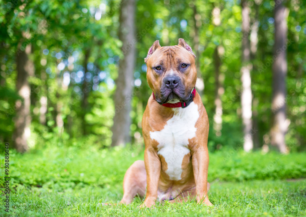A red and white Mastiff x Pit Bull Terrier mixed breed dog with cropped ears sitting outdoors A red and white Mastiff x Pit Bull Terrier mixed breed dog with cropped ears sitting outdoors