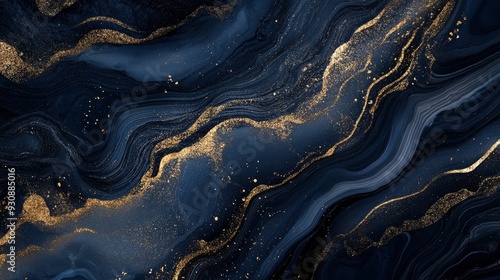 Luxurious navy blue ink marble-like abstract texture with golden dust and agate stone swirls and veins. High quality photo , ai photo