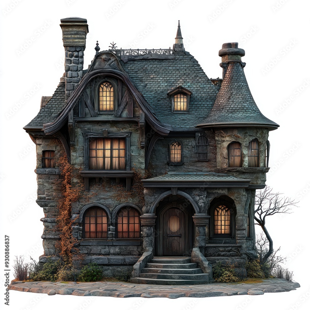 A large, old house with a dark blue roof and a white trim. A large, old house with a dark blue roof and a white trim.