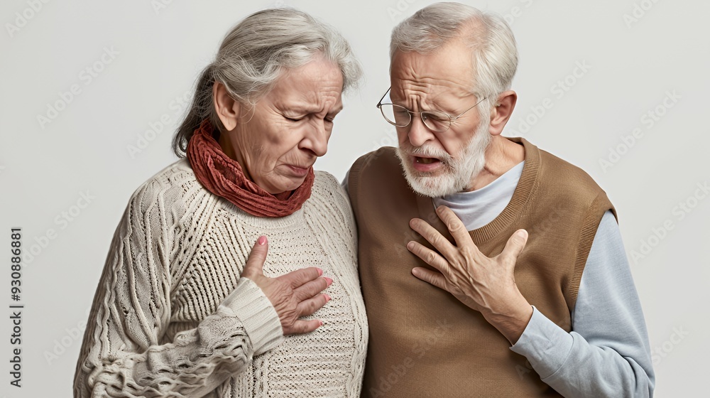 An elderly couple, a woman and a man, standing in front of a white background, looking distressed and holding their chests, suggesting they are both experiencing chest pains or shortness of breath. An elderly couple, a woman and a man, standing in front of a white background, looking distressed and holding their chests, suggesting they are both experiencing chest pains or shortness of breath.