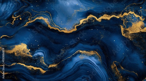 Luxurious navy blue ink marble-like abstract texture with golden dust and agate stone swirls and veins. High quality photo , ai photo