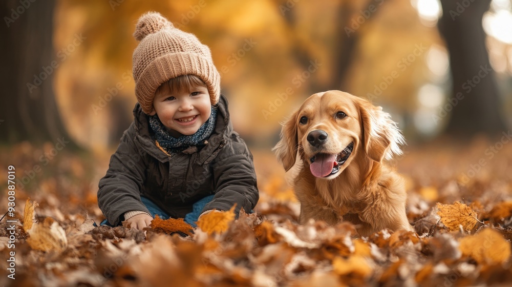 A young boy is sitting on the ground next to a dog. The boy is wearing a hat and a jacket. The dog is looking at the camera and he is happy. The scene is set in a park with leaves on the ground A young boy is sitting on the ground next to a dog. The boy is wearing a hat and a jacket. The dog is looking at the camera and he is happy. The scene is set in a park with leaves on the ground