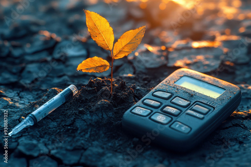 Medical equipment with apple and syringe on reflective surface, blue bokeh background photo